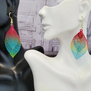 Vibrant Multi Colored Skeleton Leaf two layer Dangle Earrings